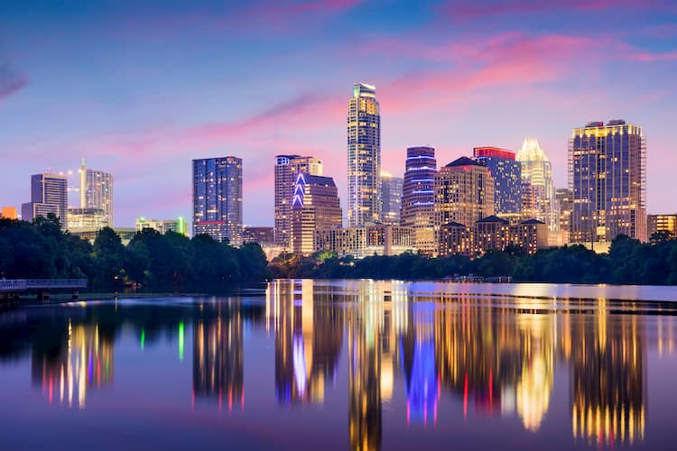 Austin Texas skyline lit up at dusk