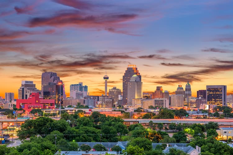 a view of the san antonio skyline at dusk
