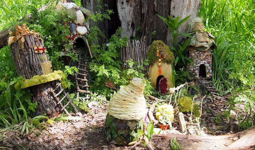 tiny huts and cottages at the Woodland Faerie Trail in Austin Texas