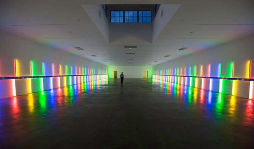 Modern art installation with lights in Robert Hall at the Menil Collection.