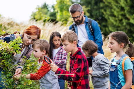 children use magnifying glasses to examine a plant while on a field trip