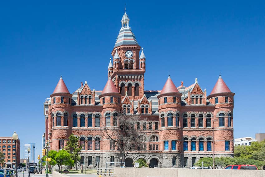 exterior of Dallas's old red museum, made of red sandstone