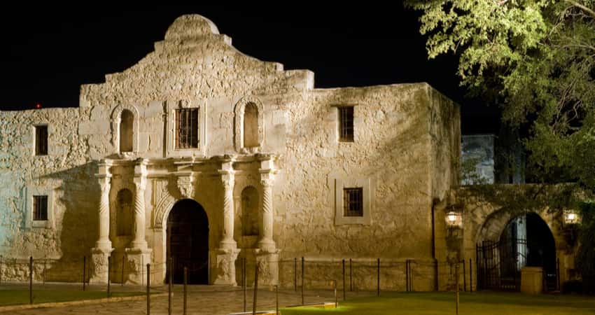 The outside of The Alamo in the evening 