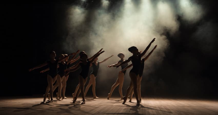 A group of ballet dancers silhouettes on stage