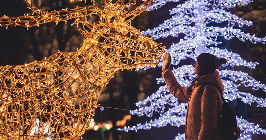 A woman walks through a park at night, illuminated by twinkling holiday light displays