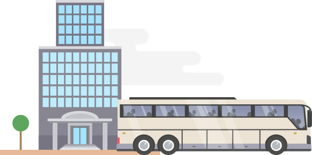 An illustration of a charter bus outside a corporate office