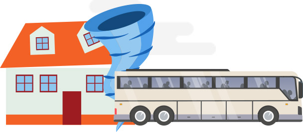 An illustration of a charter bus outside a home with a tornado nearby