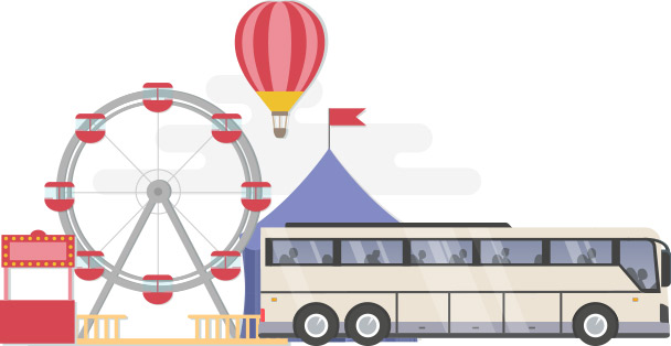An illustration of a charter bus outside an amusement park